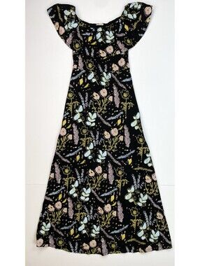 Thief & Bandit Organic Cotton Hand Printed Off Shoulder Maxi Dress BlackFloral S